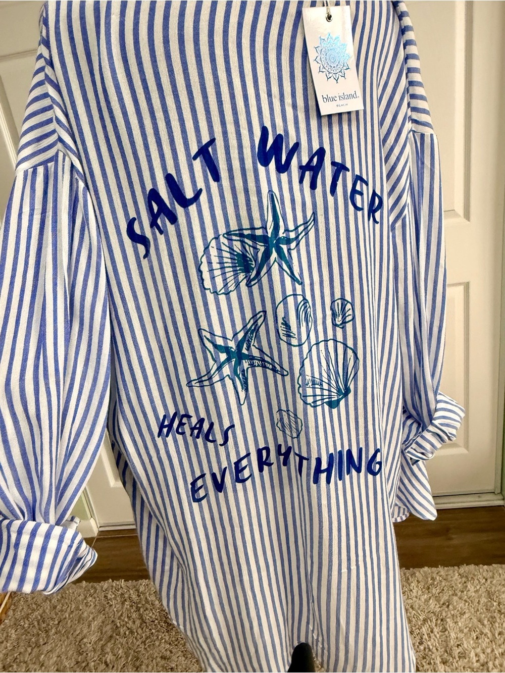 blue island Blue and White Striped Shirt with Nautical Graphic